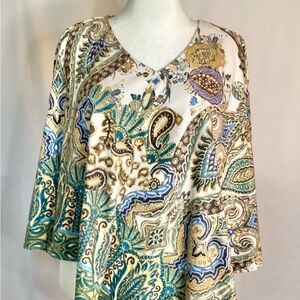 Chico's Paisley V-Neck Tunic in Teal, Cream & Gold